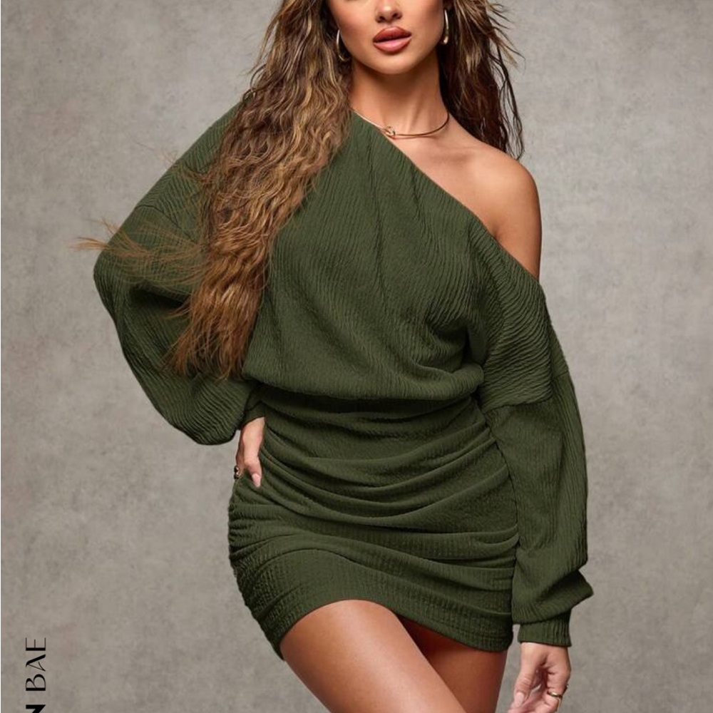 SHEIN Women's Olive Green Off-Shoulder Dress